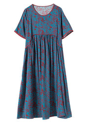 Elegant Blue O-Neck Wrinkled Print Silk Long Dress Short Sleeve