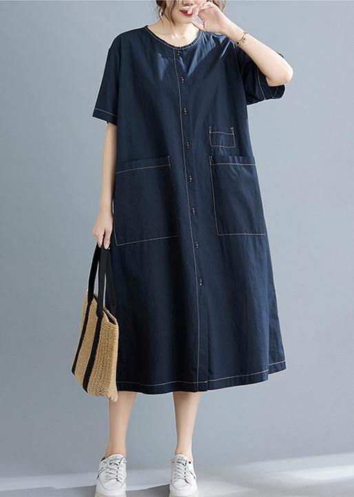 Elegant Blue Pockets Short Sleeve Maxi Summer Cotton Dress - SooLinen