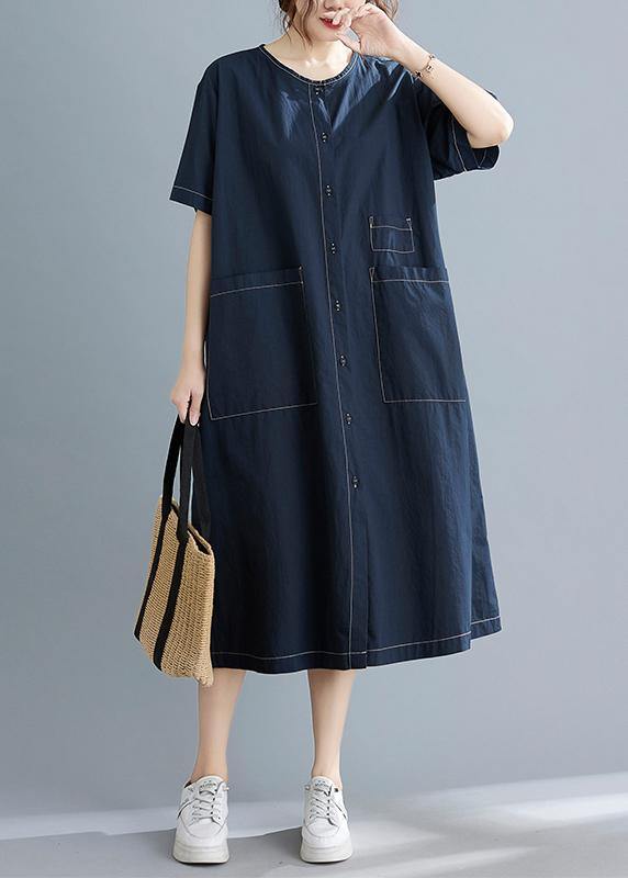 Elegant Blue Pockets Short Sleeve Maxi Summer Cotton Dress - SooLinen