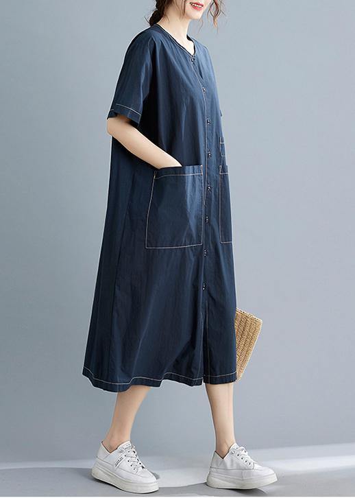 Elegant Blue Pockets Short Sleeve Maxi Summer Cotton Dress - SooLinen