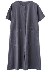 Elegant Blue Pockets Short Sleeve Maxi Summer Cotton Dress - SooLinen