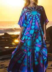 Elegantes Kimono-Gewand mit blauem Aufdruck und O-Ausschnitt, Hochsommer-Baumwollkleid