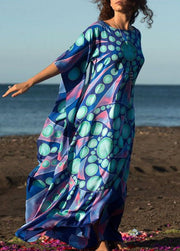 Elegantes Kimono-Gewand mit blauem Aufdruck und O-Ausschnitt, Hochsommer-Baumwollkleid