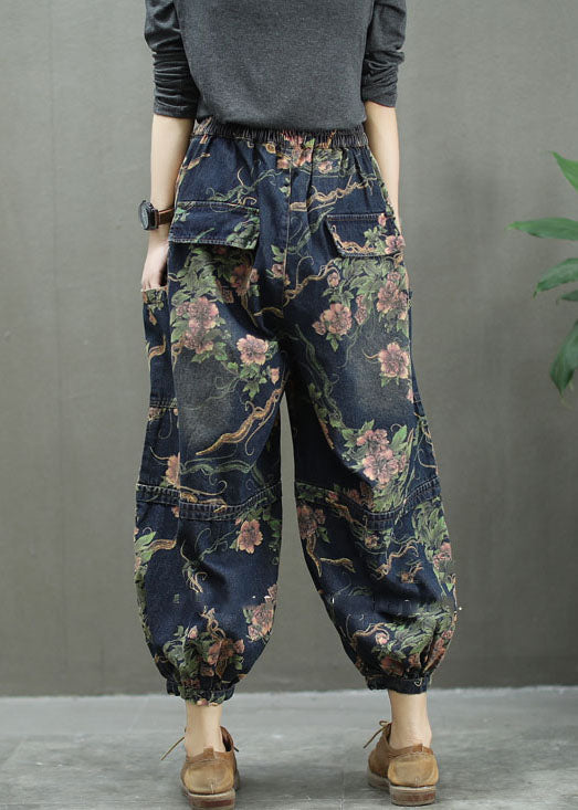 Elegant Blue Print denim lantern Trousers Spring