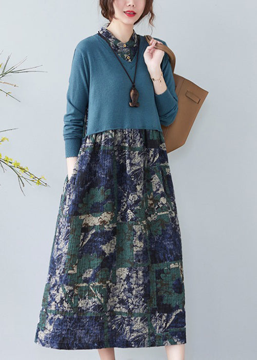 Elegant Blue Stand Collar Button Patchwork Long Dresses Long Sleeve