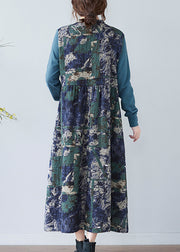 Elegant Blue Stand Collar Button Patchwork Long Dresses Long Sleeve