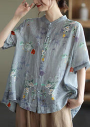 Elegant Blue Stand Collar Print Tops Half Sleeve