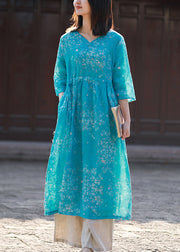 Elegant Blue V Neck tie waist Print Linen Dress Half Sleeve