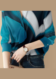 Elegant Blue button Peter Pan Collar Print Shirt Top Long Sleeve