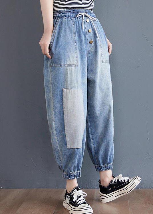 Elegant Blue pockets jeans Summer Cotton Pants - SooLinen