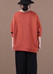 Elegant Brick Red O-Neck Embroideried Loose Fall Sweatshirt