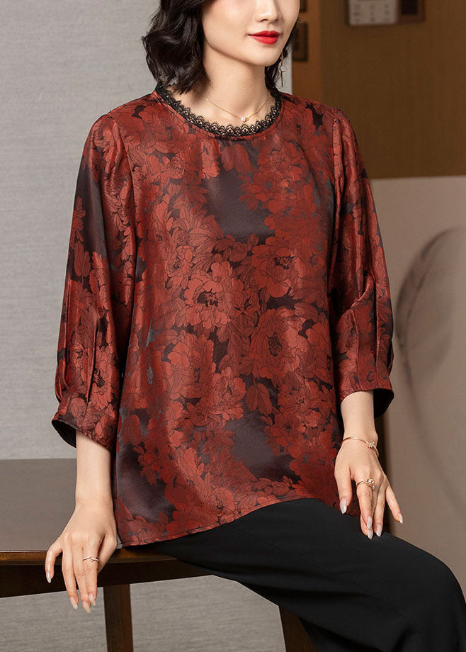 Elegant Brick Red O-Neck Lace Patchwork Draping Silk Shirt Top Bracelet Sleeve