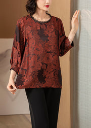 Elegant Brick Red O-Neck Lace Patchwork Draping Silk Shirt Top Bracelet Sleeve