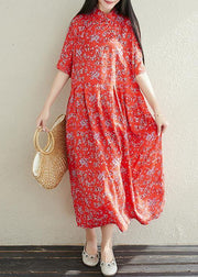 Button Chiffon Robes Fabrics red prints Dresses summer - SooLinen