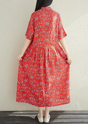 Button Chiffon Robes Fabrics red prints Dresses summer - SooLinen