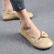 Elegant Chocolate Bow Cowhide Flat Shoes For Women - SooLinen