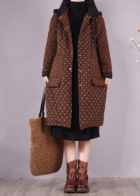 Elegant Chocolate Coat Plus Size Hooded Pockets Outwear - SooLinen