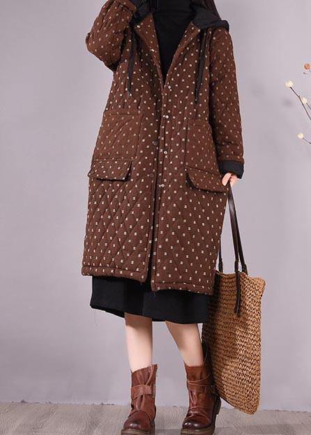 Elegant Chocolate Coat Plus Size Hooded Pockets Outwear - SooLinen