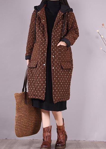 Elegant Chocolate Coat Plus Size Hooded Pockets Outwear - SooLinen