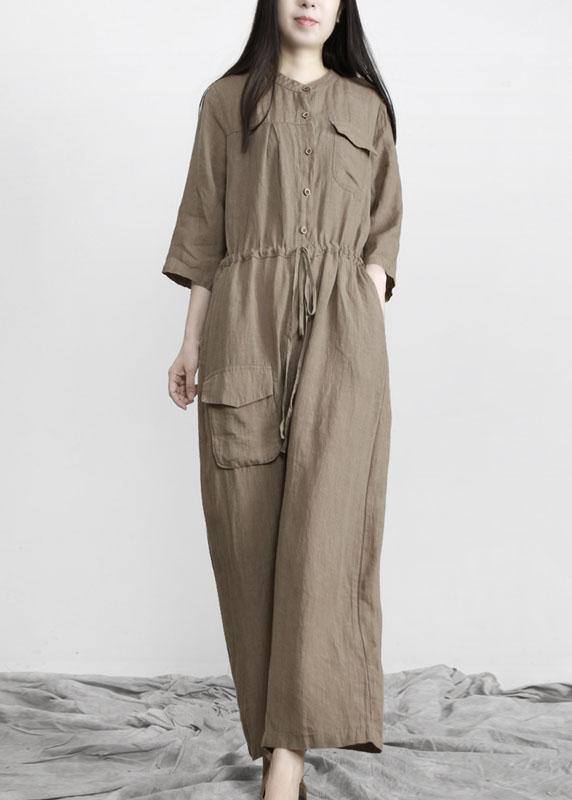 Elegant Chocolate Pockets Wide Leg Fall Linen Jumpsuit Pants - SooLinen