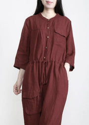 Elegant Chocolate Pockets Wide Leg Fall Linen Jumpsuit Pants - SooLinen