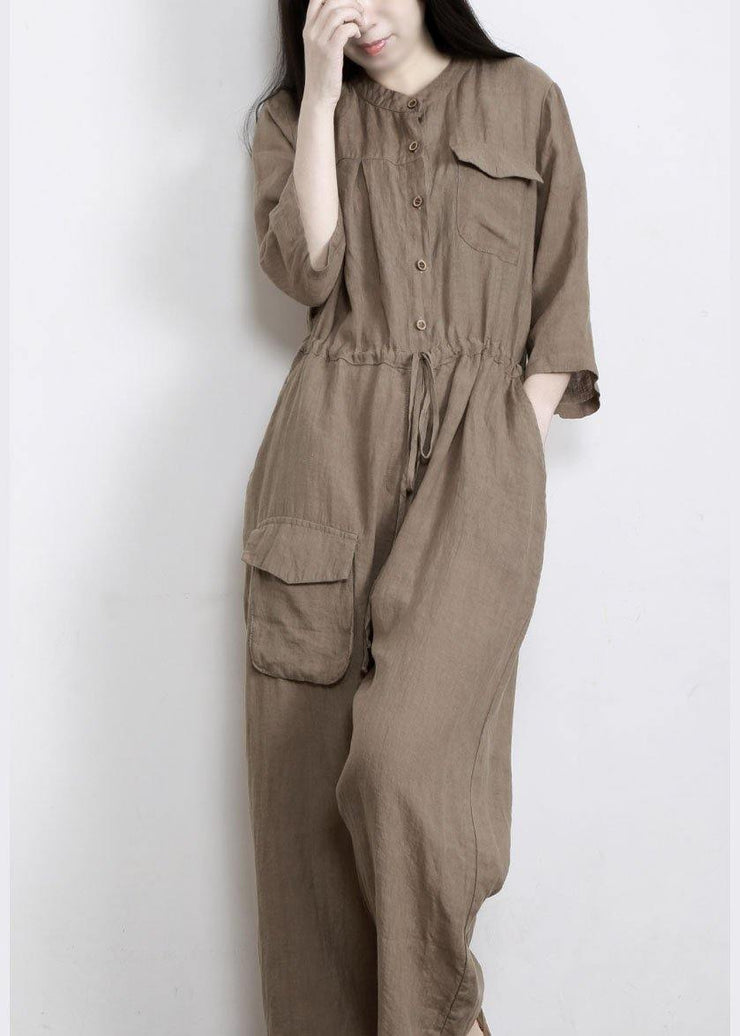 Elegant Chocolate Pockets Wide Leg Fall Linen Jumpsuit Pants - SooLinen