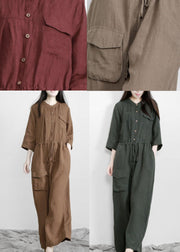 Elegant Chocolate Pockets Wide Leg Fall Linen Jumpsuit Pants - SooLinen