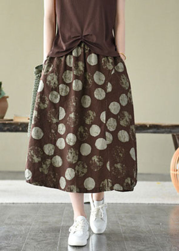 Elegant Chocolate Elastic Waist Pockets Linen Skirt Summer