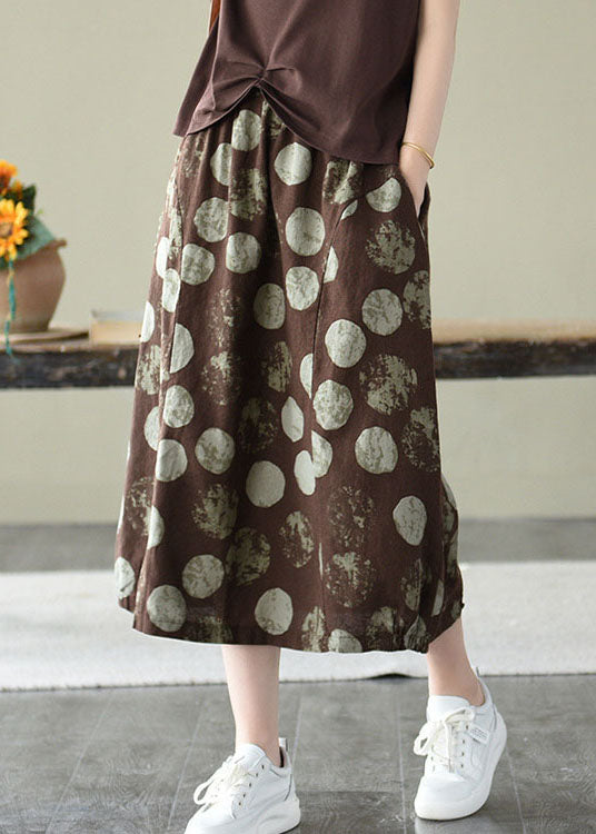 Elegant Chocolate Elastic Waist Pockets Linen Skirt Summer