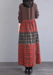 Elegant Chocolate Peter Pan Collar Button Tie Waist Plaid Linen Holiday Dress Long Sleeve