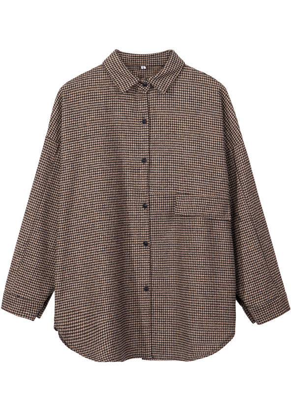 Eleganter Kaffee Bubikragen Plaid Woolen Top Spring