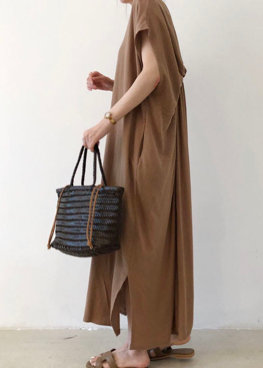 Elegant Chocolate Side Open Cotton Short Sleeve Long Dresses