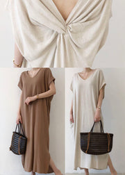 Elegant Chocolate Side Open Cotton Short Sleeve Long Dresses