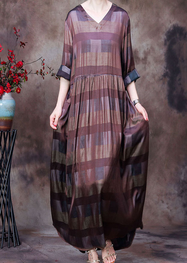 Elegant Chocolate V Neck Plaid Wrinkled Long Dresses Long Sleeve