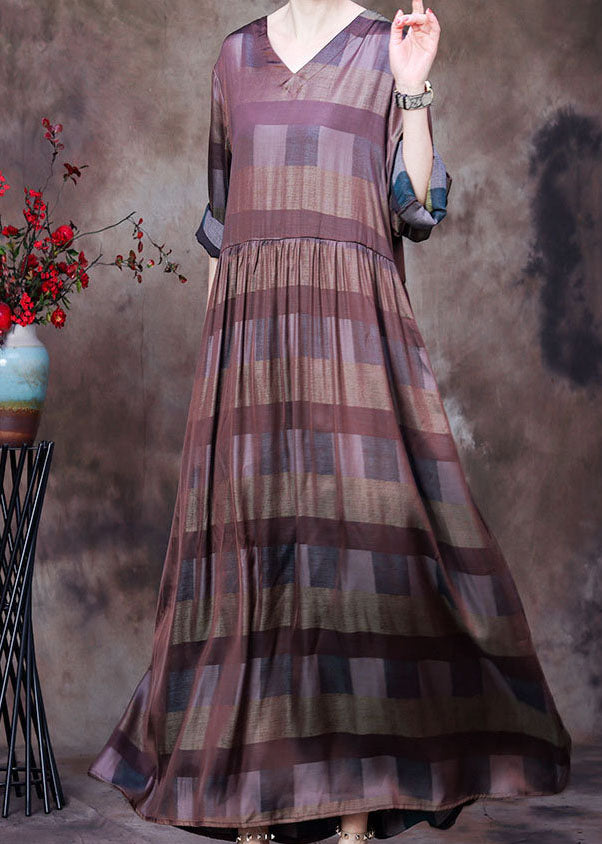 Elegant Chocolate V Neck Plaid Wrinkled Long Dresses Long Sleeve