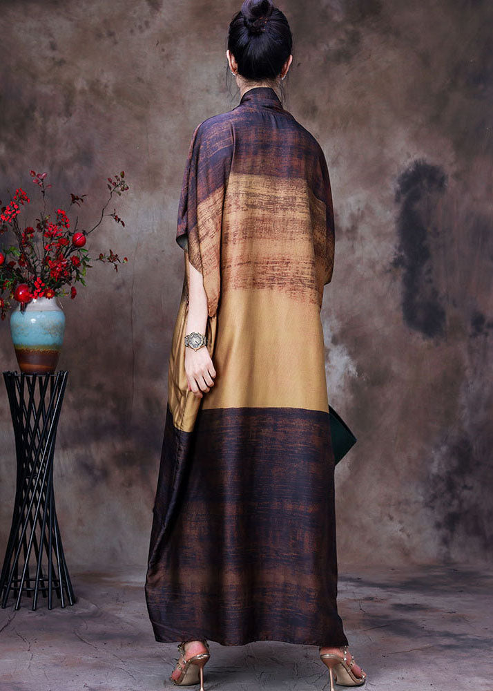 Elegant Chocolate Yellow Bow Print Silk Loose Ankle Dress Batwing Sleeve