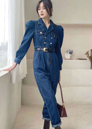 Elegant Dark Blue Puff Sleeve denim Jumpsuit Spring