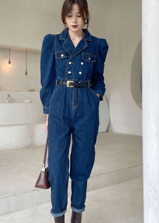 Eleganter dunkelblauer Denim-Overall mit Puffärmeln Frühling