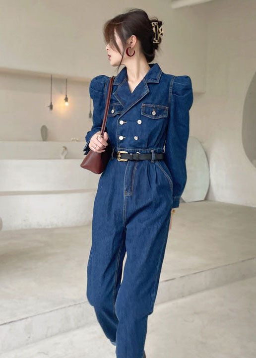 Elegant Dark Blue Puff Sleeve denim Jumpsuit Spring