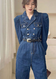 Elegant Dark Blue Puff Sleeve denim Jumpsuit Spring