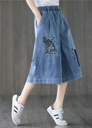 Elegant Denim Blue Elastic Waist Embroideried Cotton Wide Leg Pants Summer