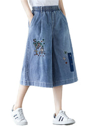 Elegant Denim Blue Elastic Waist Embroideried Cotton Wide Leg Pants Summer