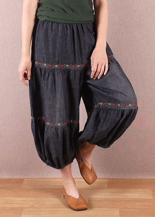 Elegante Jeansblaue elastische Taille orientalisch bestickte Patchwork-Baumwolllaternenhose Sommer