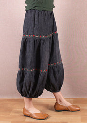 Elegant Denim Blue Elastic Waist Oriental Embroideried Patchwork Cotton Lantern Pants Summer