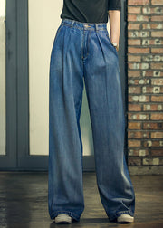 Elegant Denim Blue High Waist Pockets Button Cotton Loose Wide Leg Pants Spring