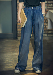 Elegant Denim Blue High Waist Pockets Button Cotton Loose Wide Leg Pants Spring