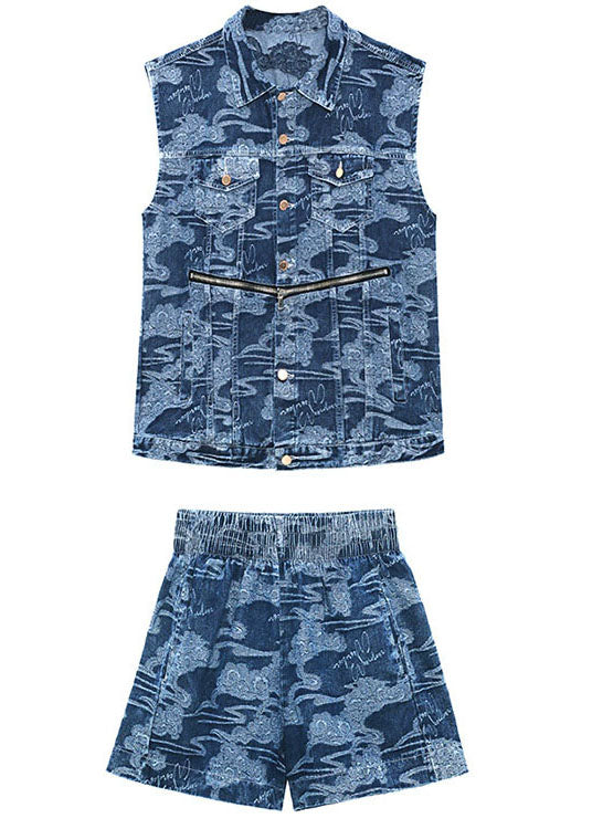 Elegant Denim Blue Loose Button zippered Print Fall Two Piece Set Women Clothing Sleeveless