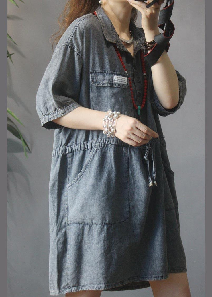 Elegant Denim tie waist Turn-down Collar Maxi Summer Cotton Dress - SooLinen