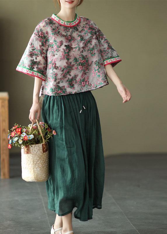 Elegant Embroideried retro O-Neck Summer Floral Blouses Half Sleeve - SooLinen