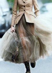 Elegant Green Cinched wrinkled tulle Skirts Spring